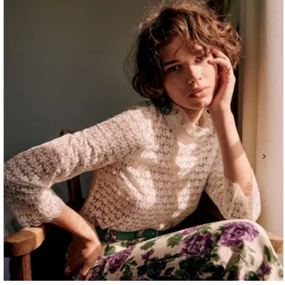 Sezane Cream Lace Long-Sleeve Blouse